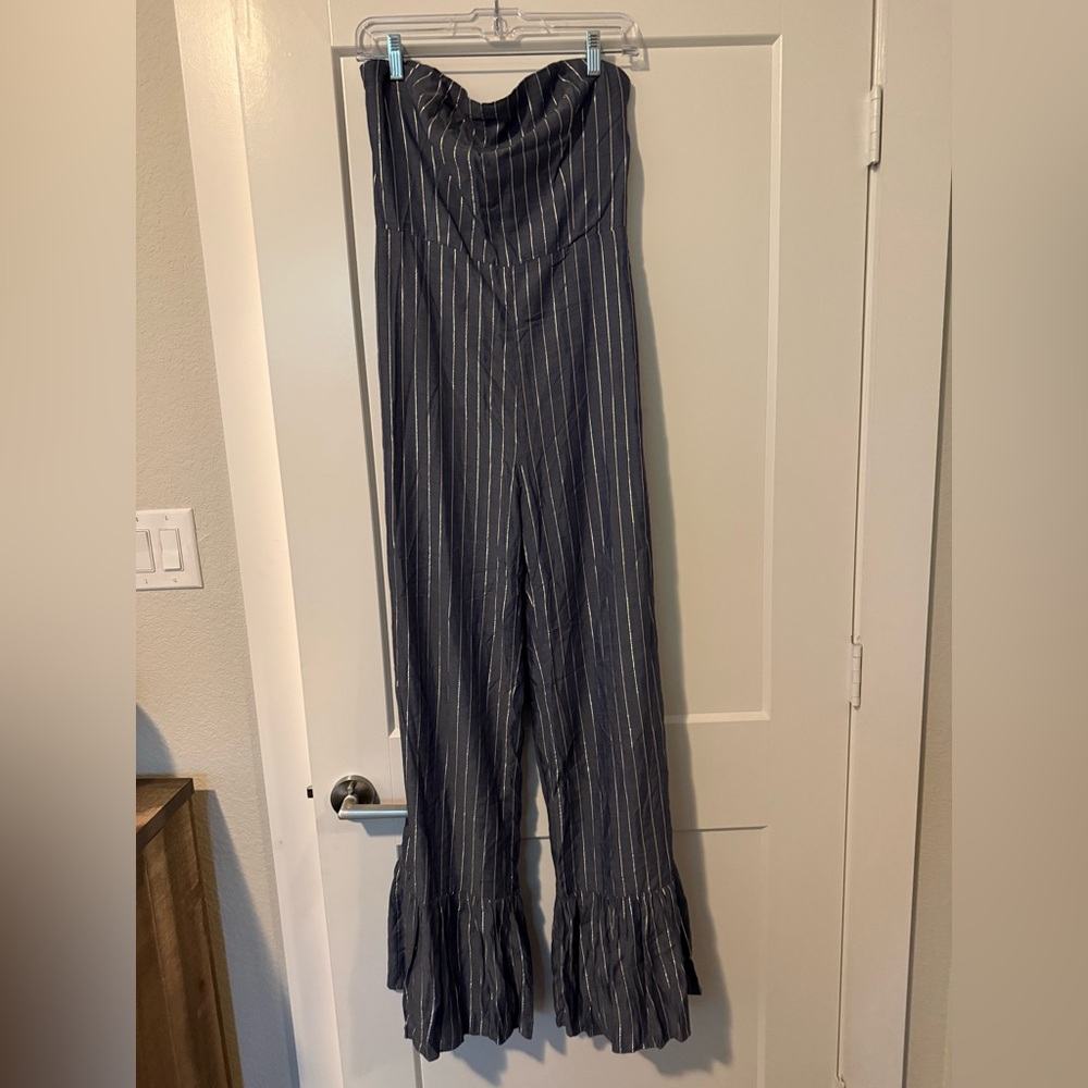 Amanda Uprichard Pinstripe Ruffle-Hem Jumpsuit